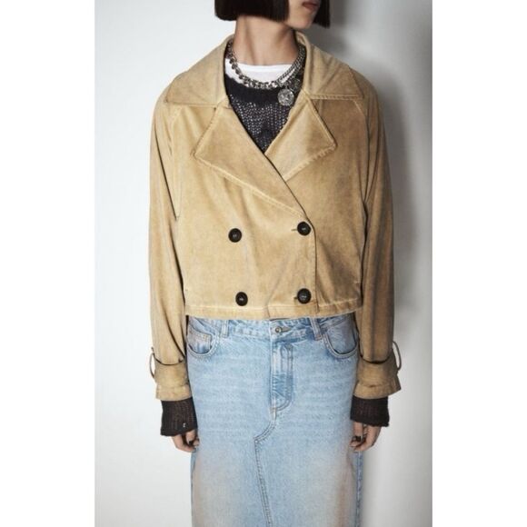 NWT Zara Garment Dye Faux Suede Short Double Breasted Cropped Trench Style Coat - Picture 3 of 16